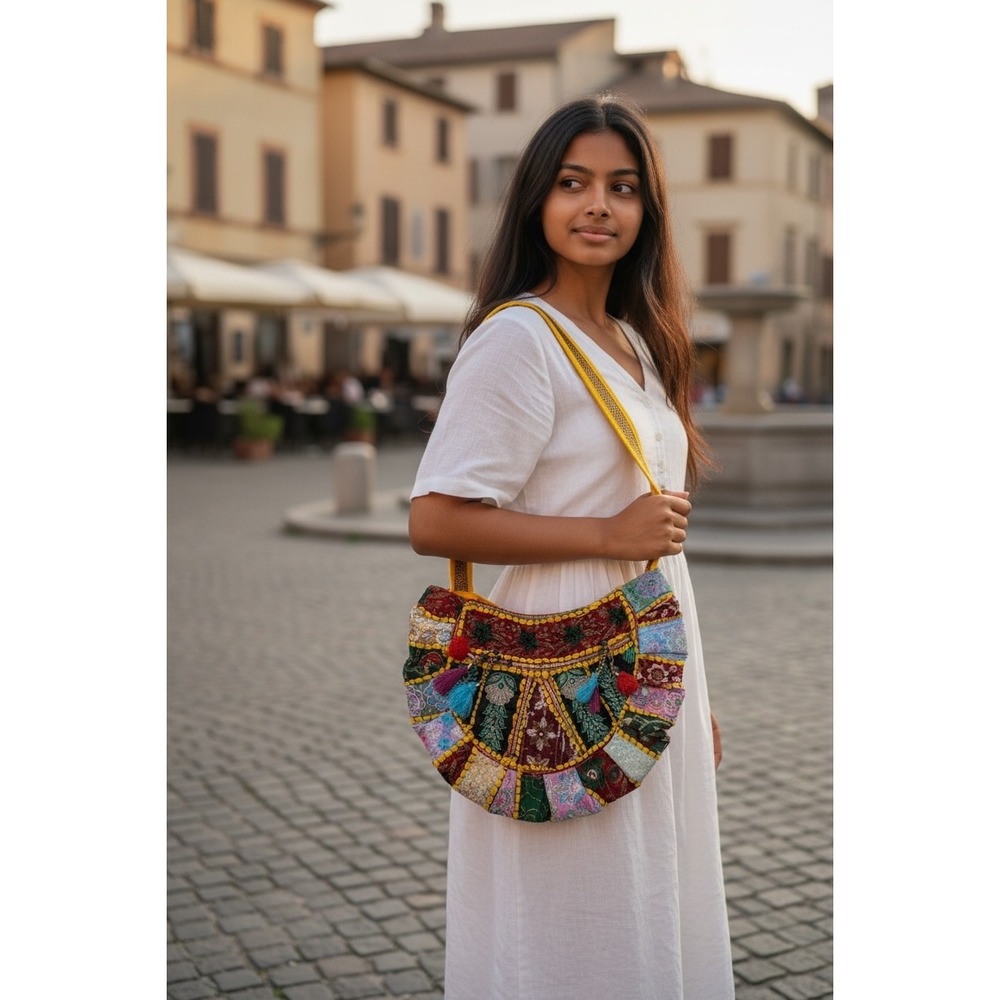 Bohemian Patchwork Tote Bag Banjara Style Embroidered Tassel Shoulder Bag Yellow